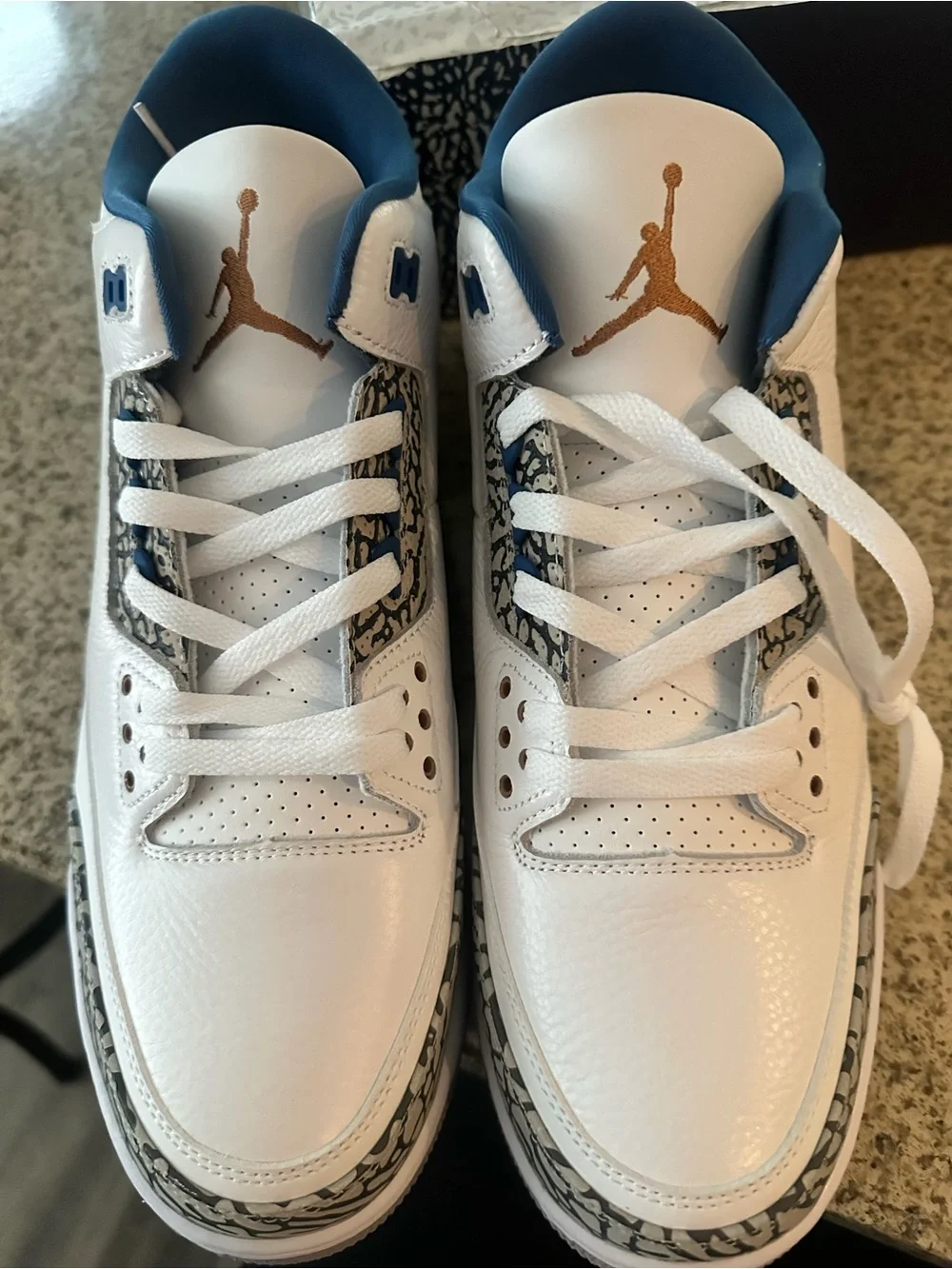 Air Jordan 3 Retro. Men’s White with Blue and Gold Jumpman Sneakers